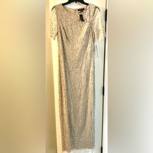 Adrianna Papell Taupe Beaded Maxi Dress with Silver Accents